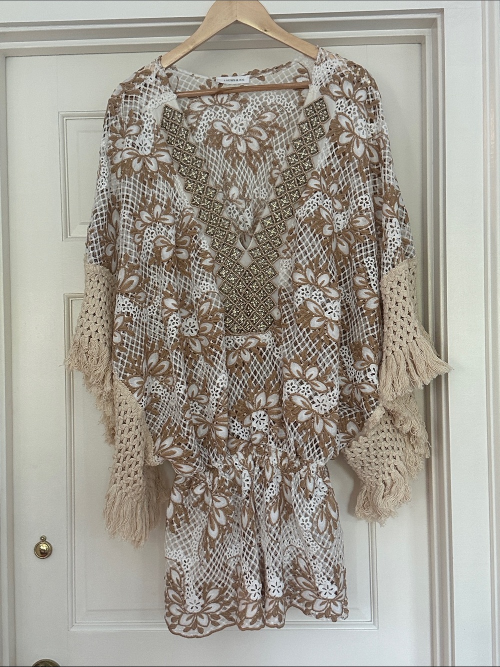 Women’s Beige Floral Crochet Tunic with Embellished Neckline